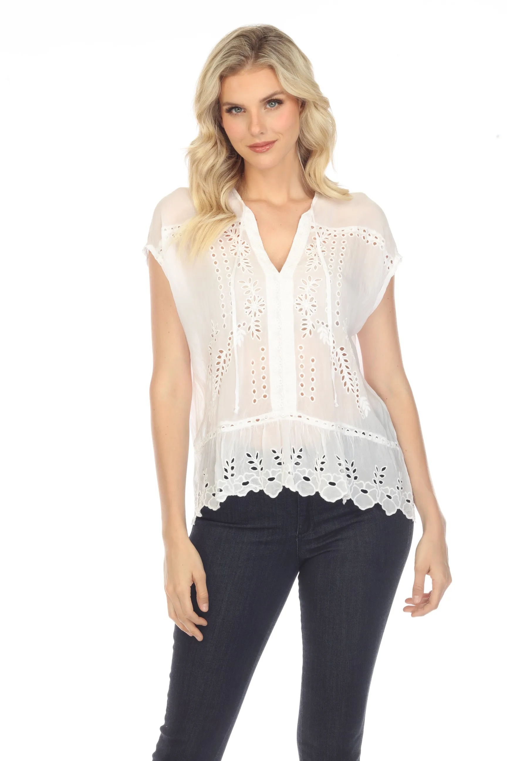 Johnny Was Clemence Eyelet Embroidered Short Sleeve Blouse Chic C12122