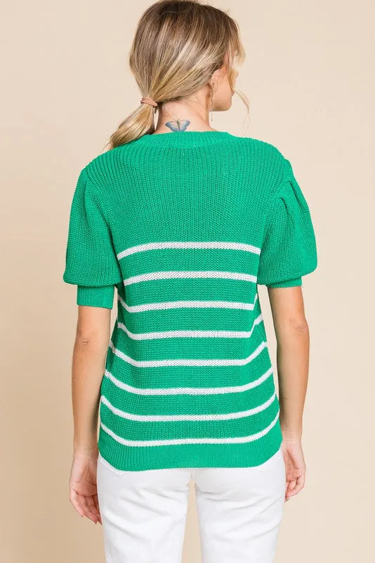 Kelly Green Striped Knit Puffed Sleeves Top - Final Sale