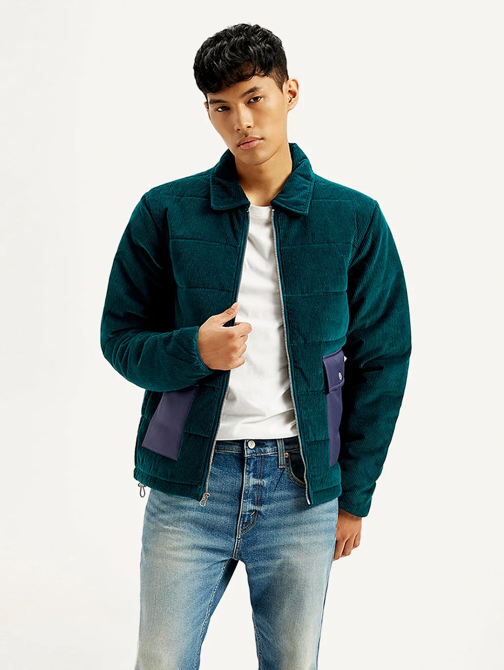 Men's Colorblock Green Spread Collar Jacket