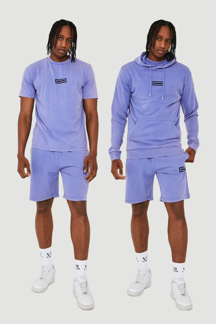 Orton Street Acid Wash Hoodie, T-Shirt & Shorts Set - Blue