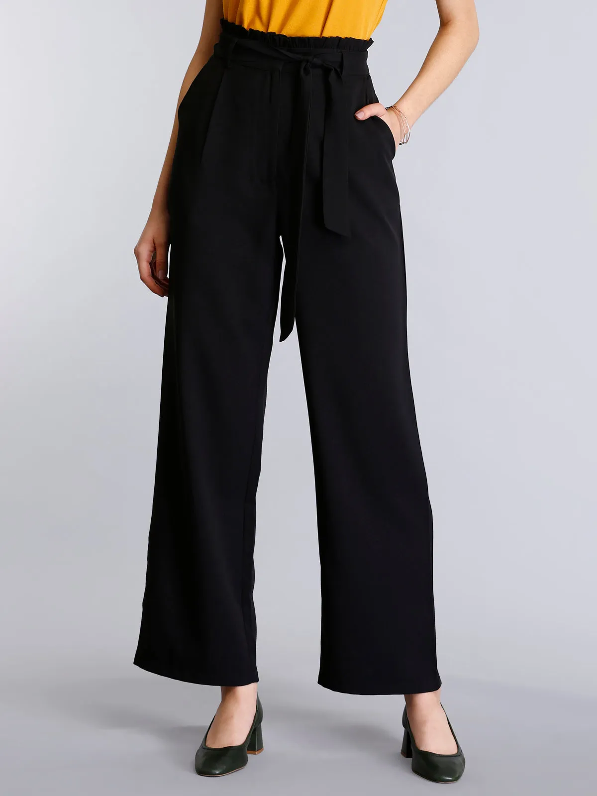 Paperbag Waist Tie Up Pants - Black