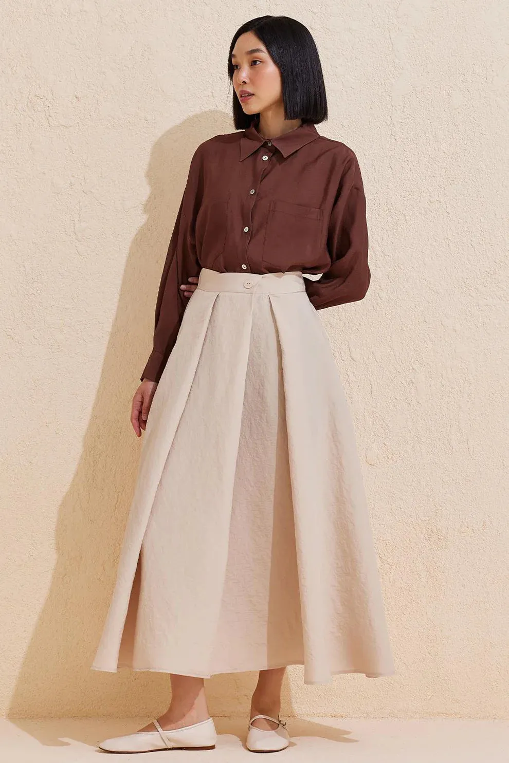 Pleated Flared Long Skirt Stone