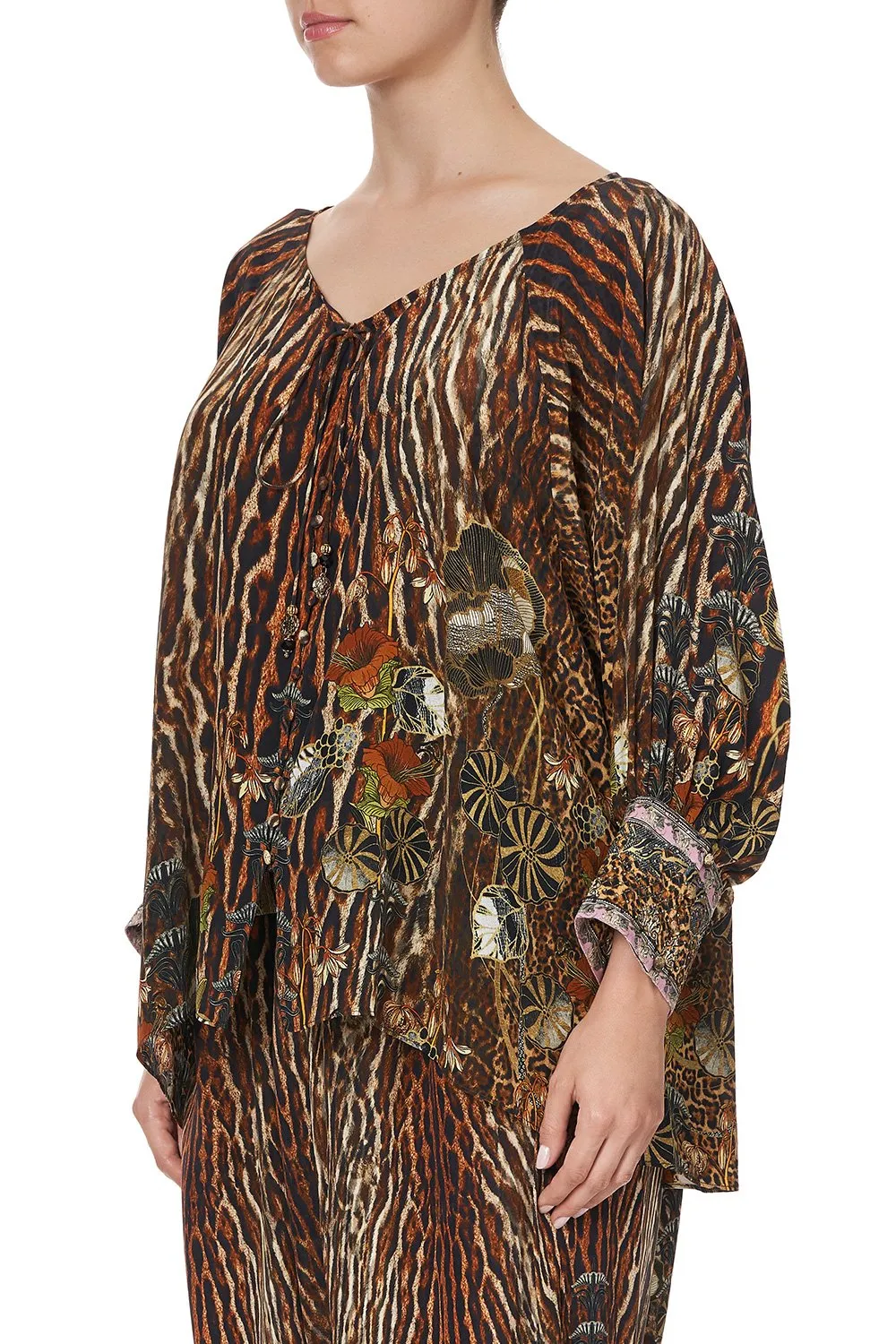 Raglan Sleeve Button Up Top- Wild Azal