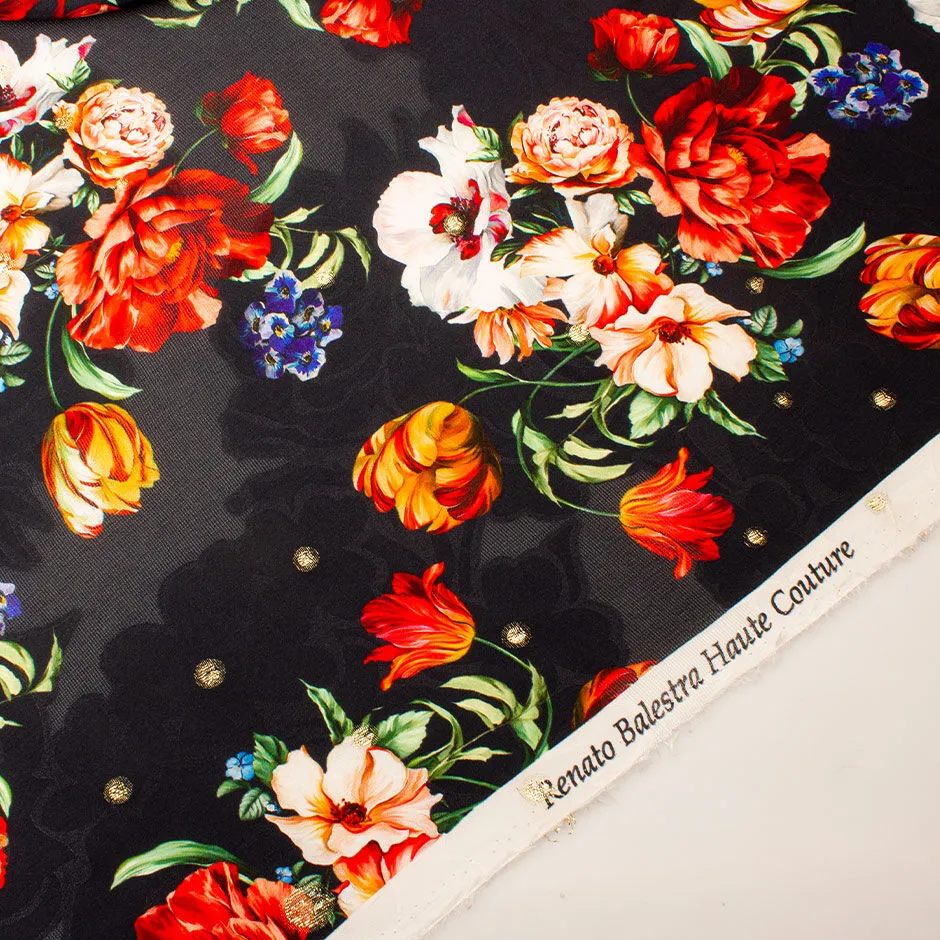 Red Floral Printed Midnight Blue Silk Jacquard & Lamé