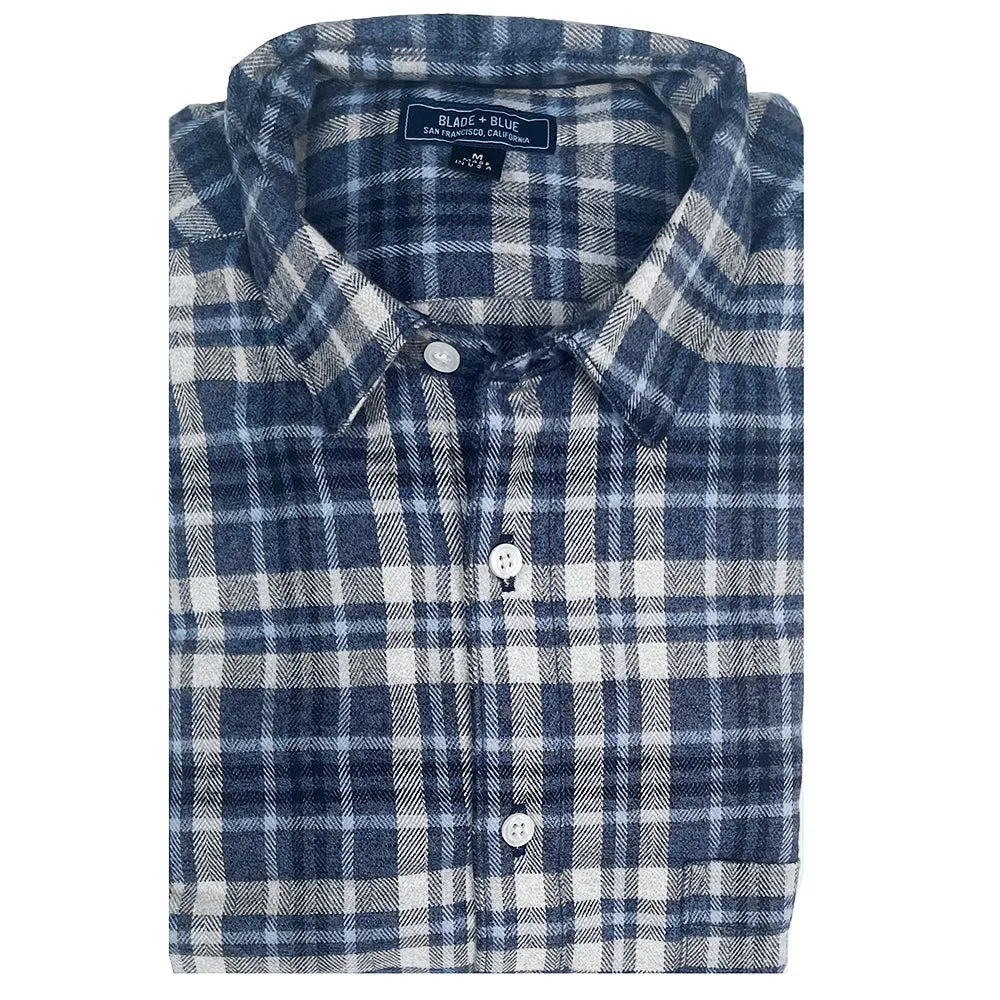 RICHMOND Long Sleeve Shirt in Brushed Cotton Blue & White Herringbone Weave Plaid