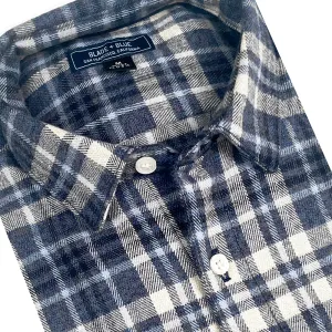 RICHMOND Long Sleeve Shirt in Brushed Cotton Blue & White Herringbone Weave Plaid