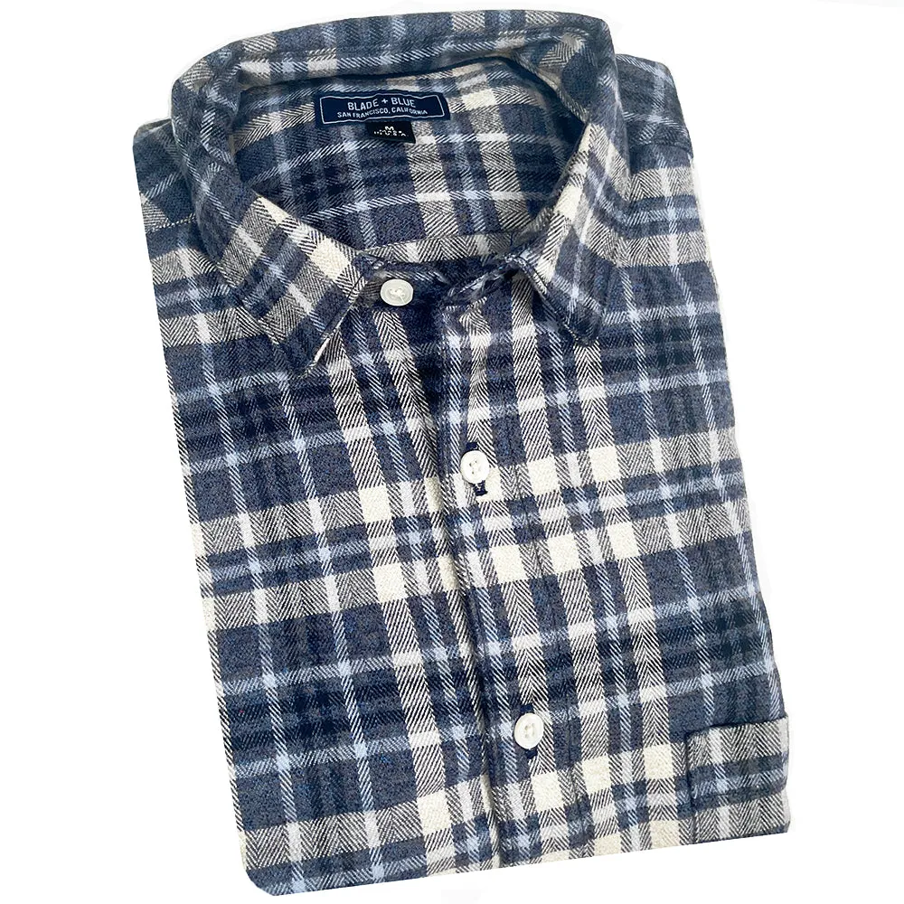 RICHMOND Long Sleeve Shirt in Brushed Cotton Blue & White Herringbone Weave Plaid