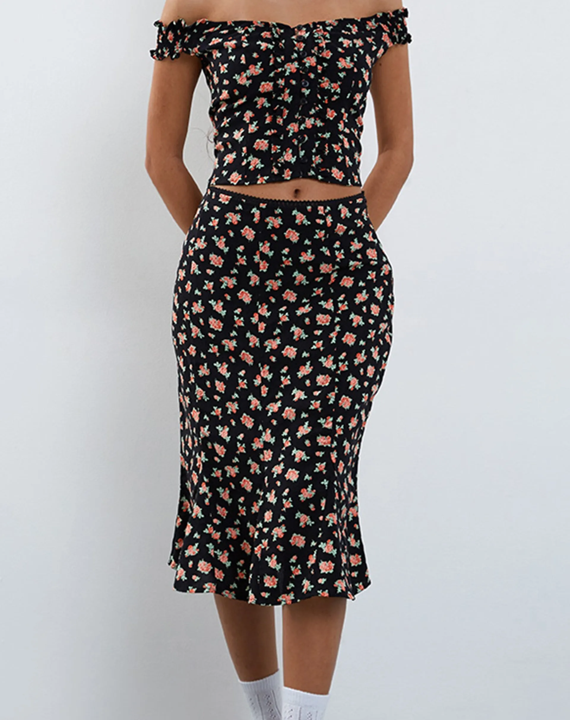 Sima Midi Skirt in Flowing Rose Black