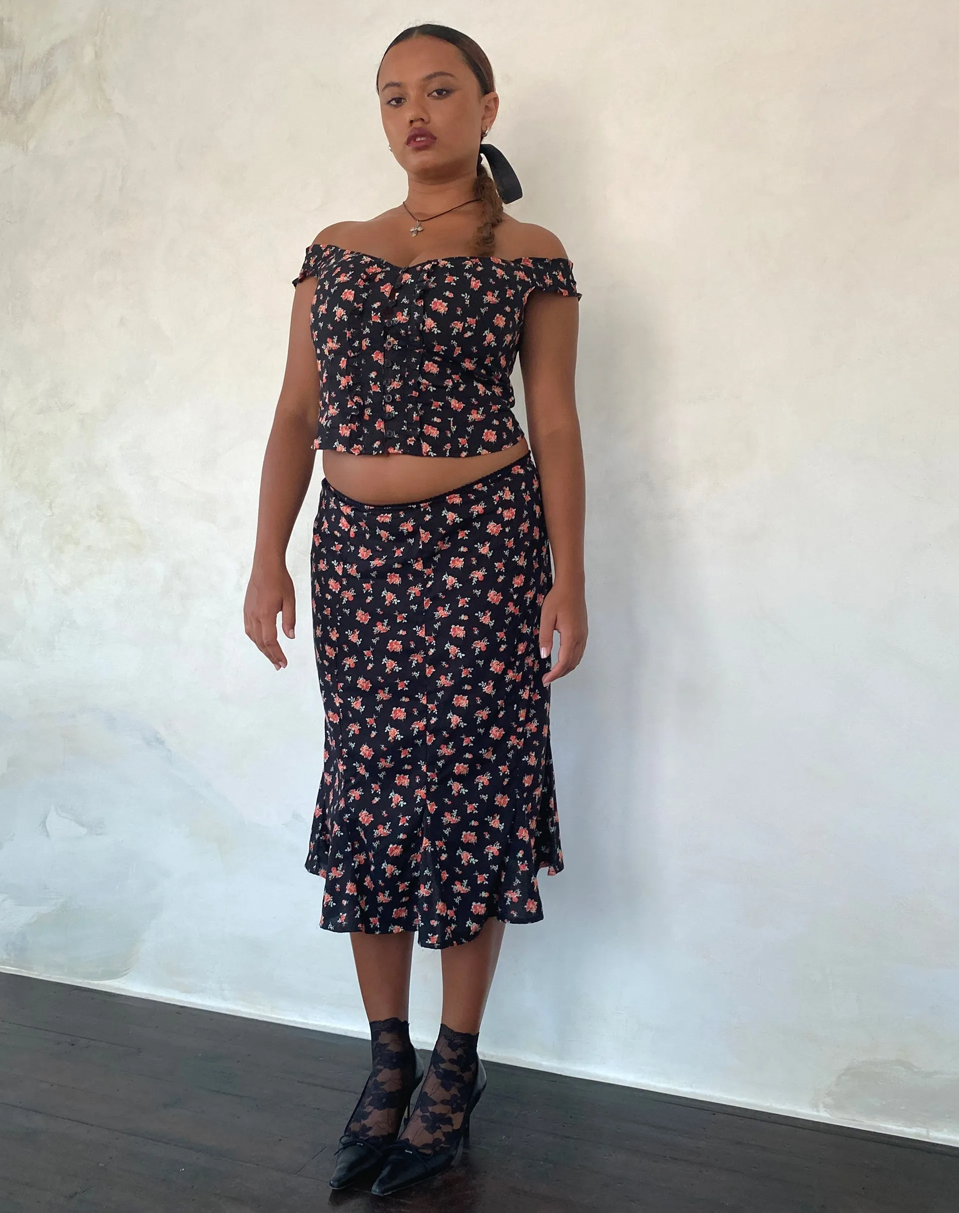 Sima Midi Skirt in Flowing Rose Black