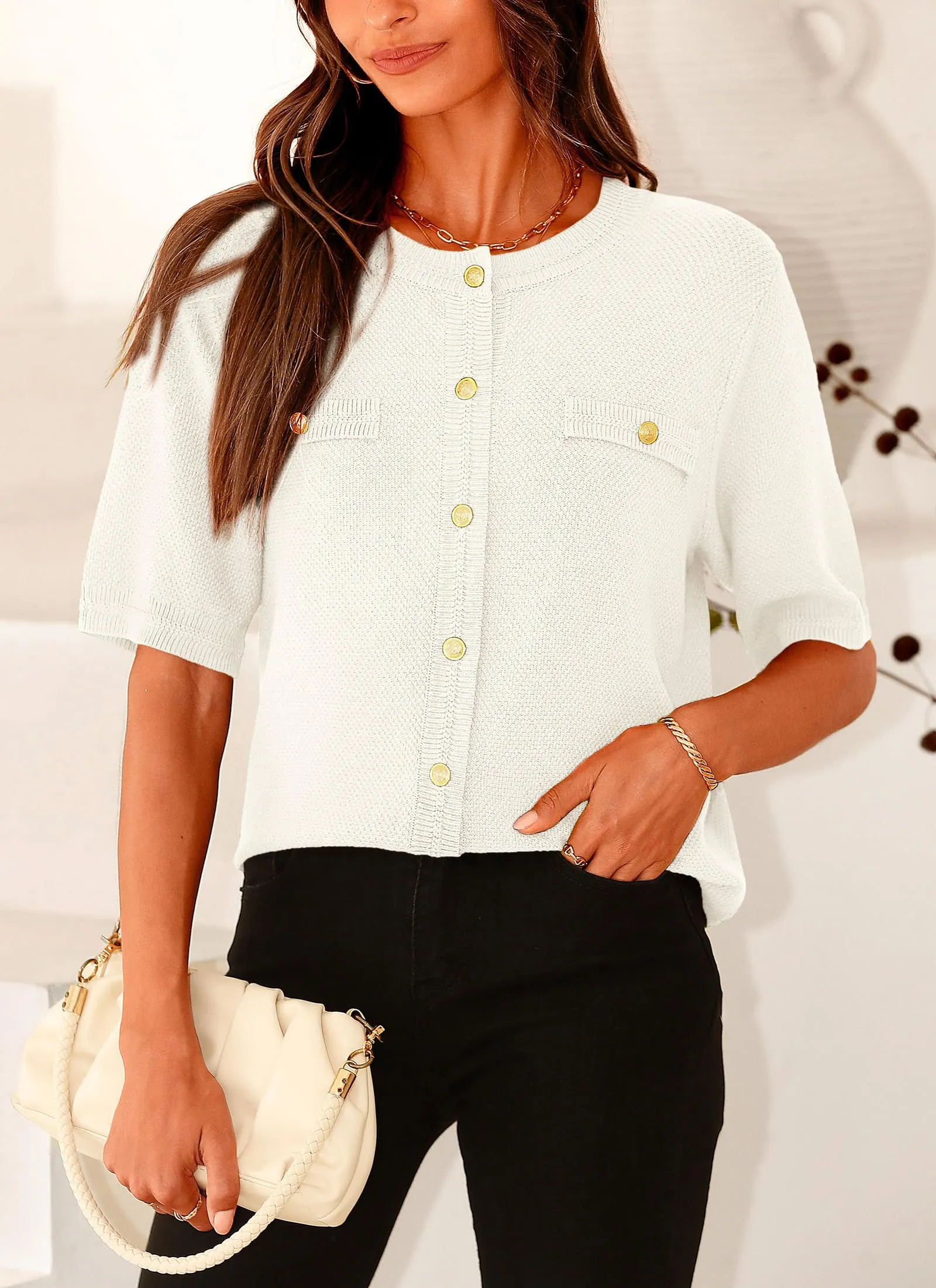 Summer Button Down Shirts Casual Short Sleeve Crew Neck Ribbed Knit Blouse Top Cardigans