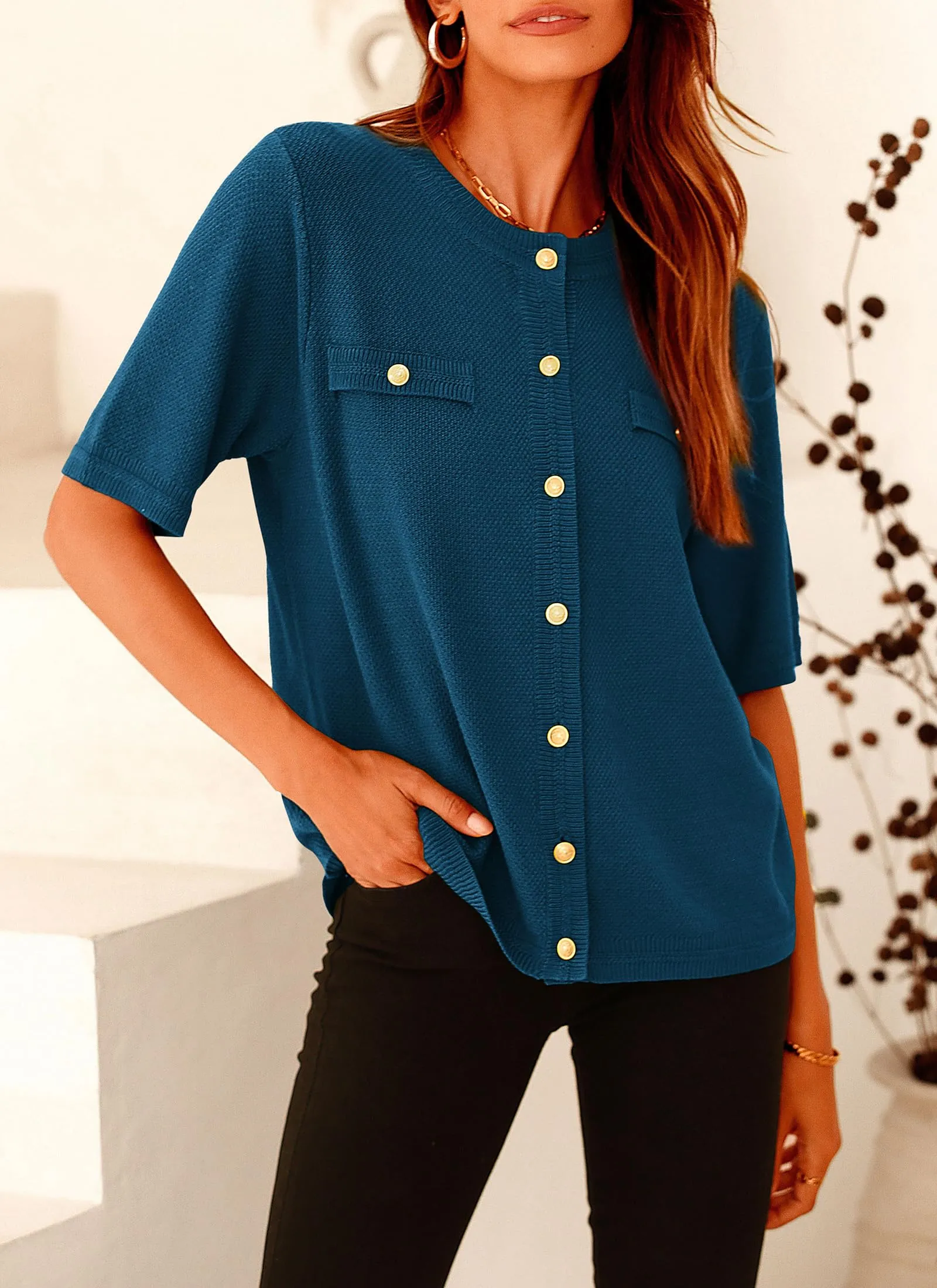 Summer Button Down Shirts Casual Short Sleeve Crew Neck Ribbed Knit Blouse Top Cardigans