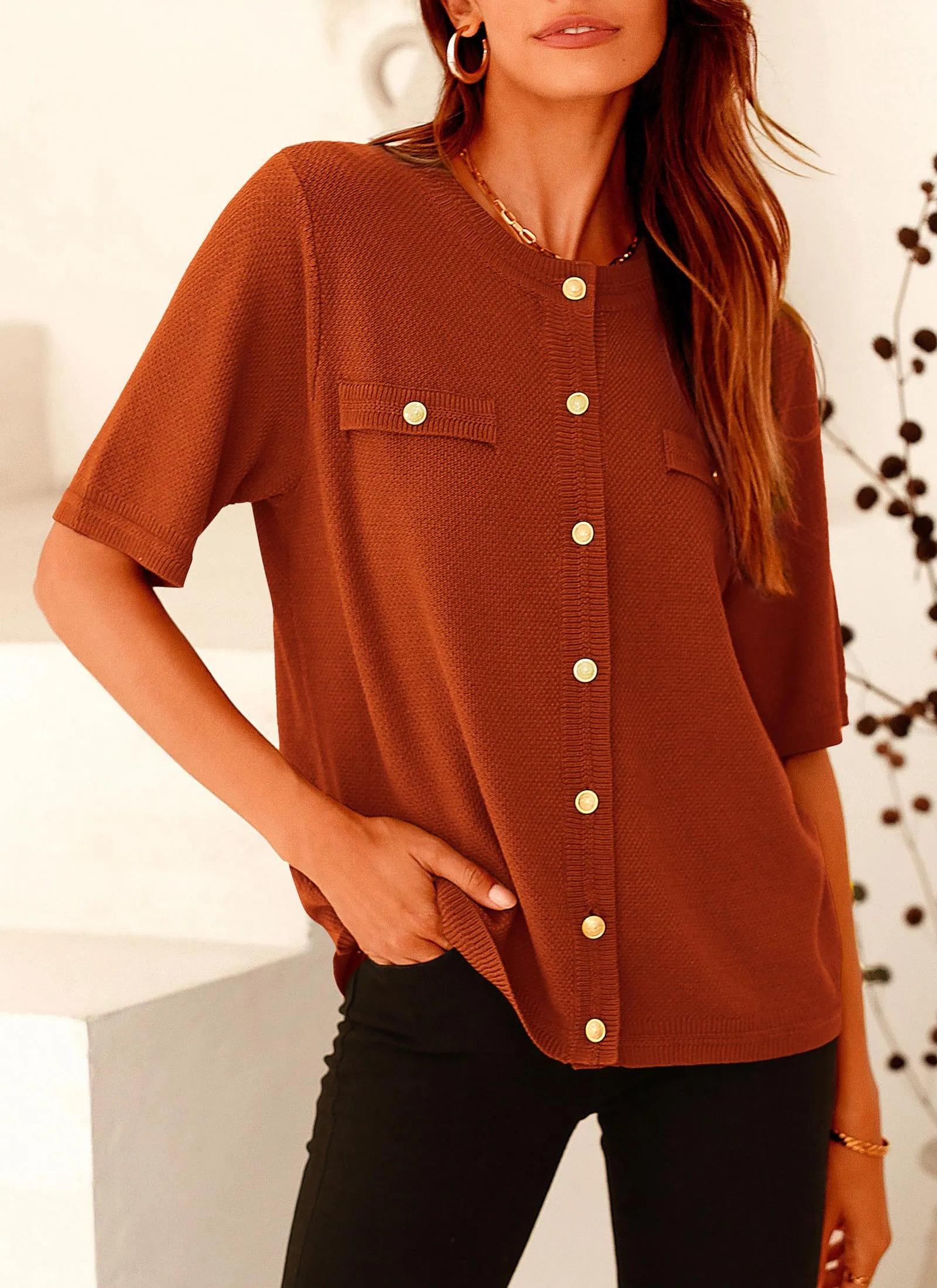 Summer Button Down Shirts Casual Short Sleeve Crew Neck Ribbed Knit Blouse Top Cardigans