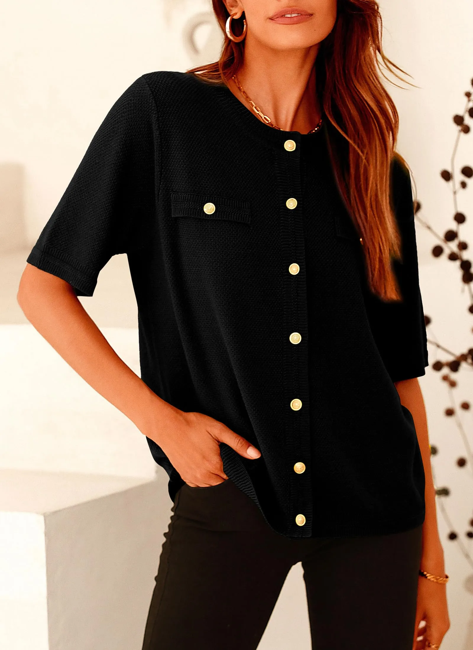 Summer Button Down Shirts Casual Short Sleeve Crew Neck Ribbed Knit Blouse Top Cardigans