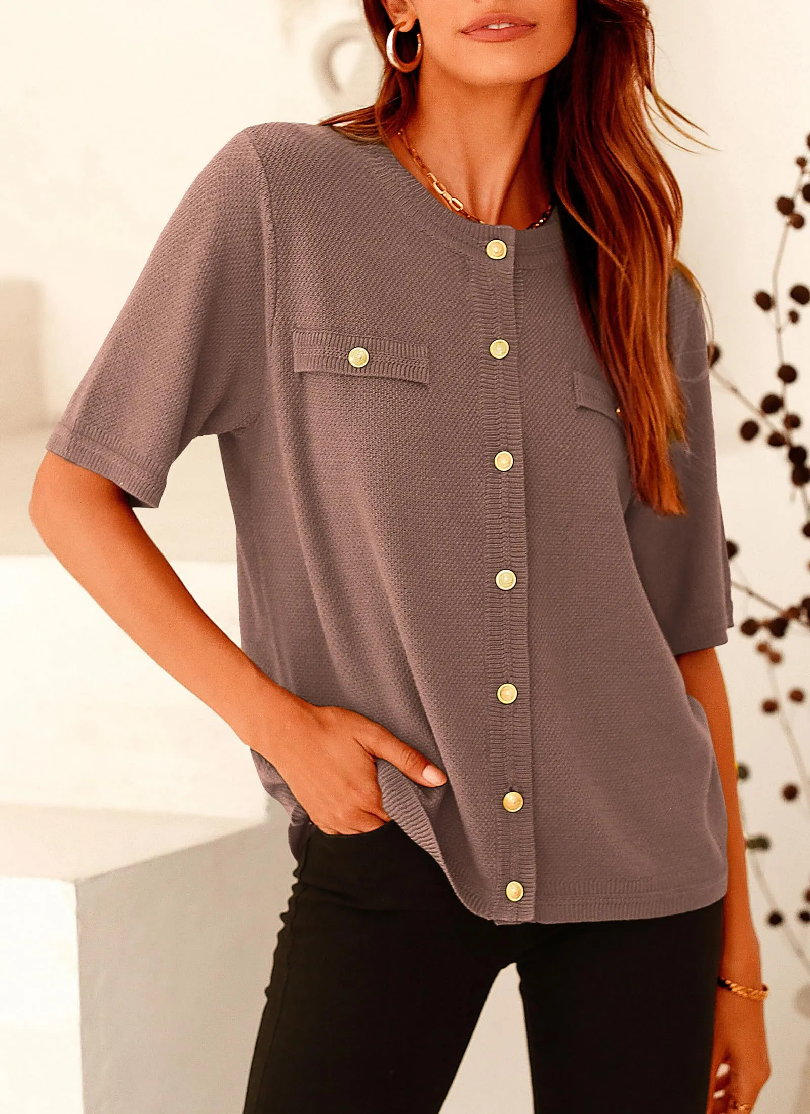 Summer Button Down Shirts Casual Short Sleeve Crew Neck Ribbed Knit Blouse Top Cardigans