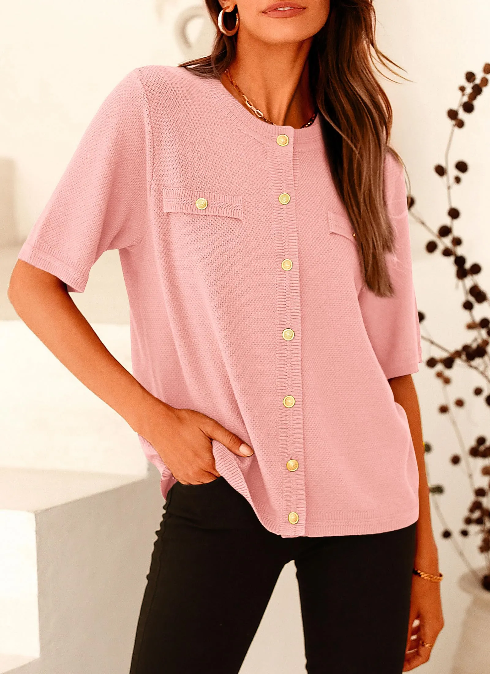 Summer Button Down Shirts Casual Short Sleeve Crew Neck Ribbed Knit Blouse Top Cardigans