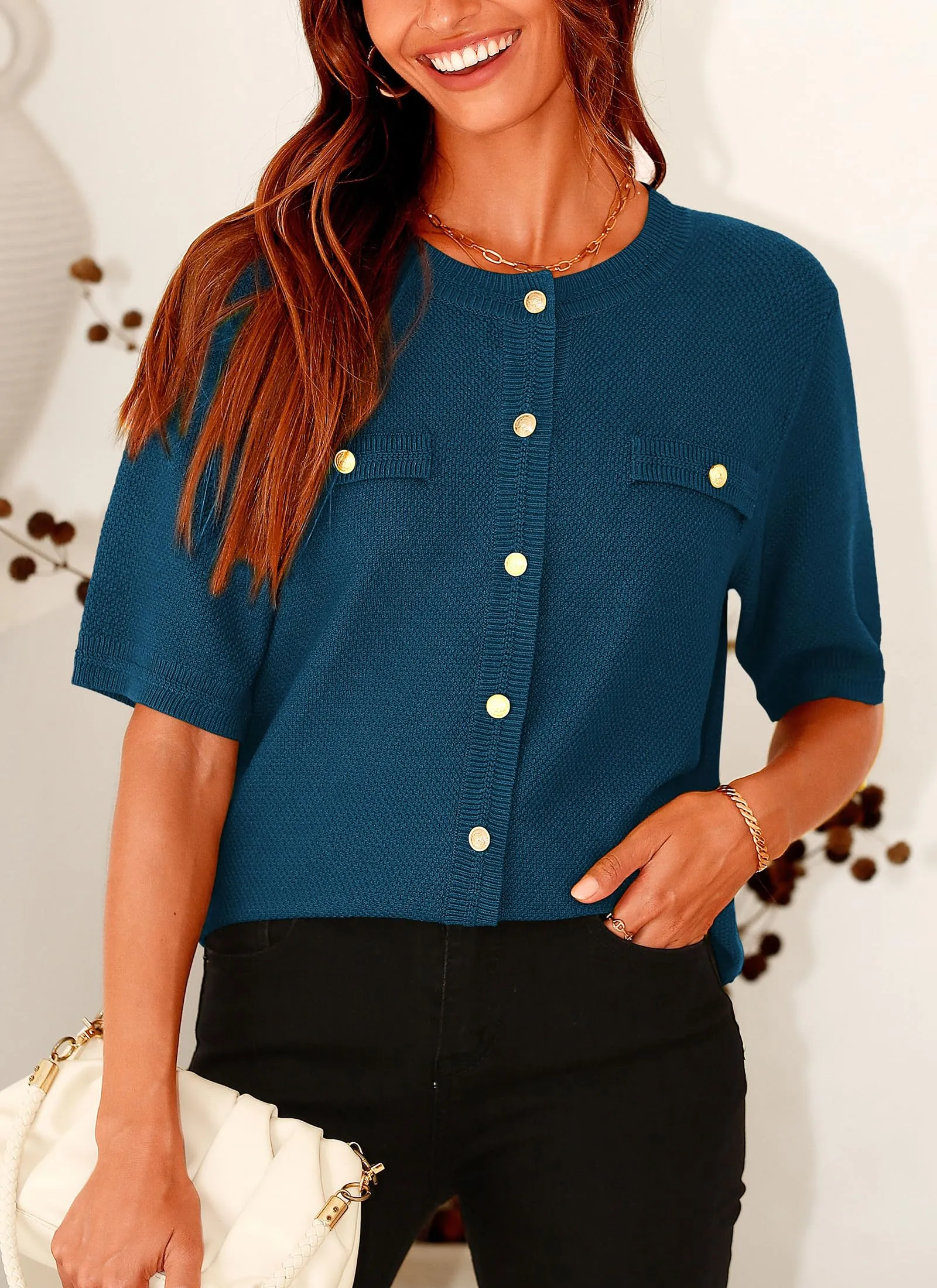 Summer Button Down Shirts Casual Short Sleeve Crew Neck Ribbed Knit Blouse Top Cardigans