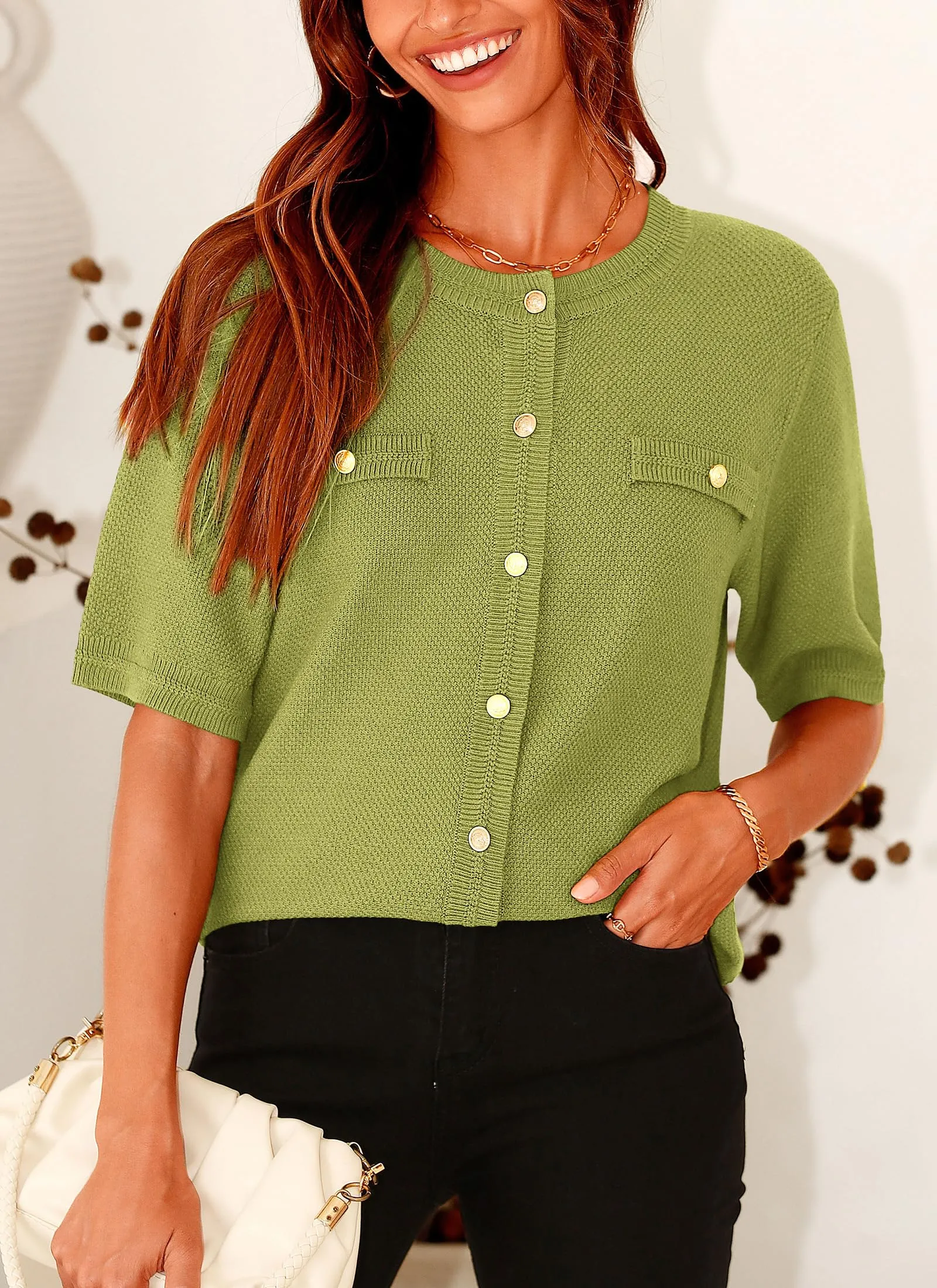 Summer Button Down Shirts Casual Short Sleeve Crew Neck Ribbed Knit Blouse Top Cardigans