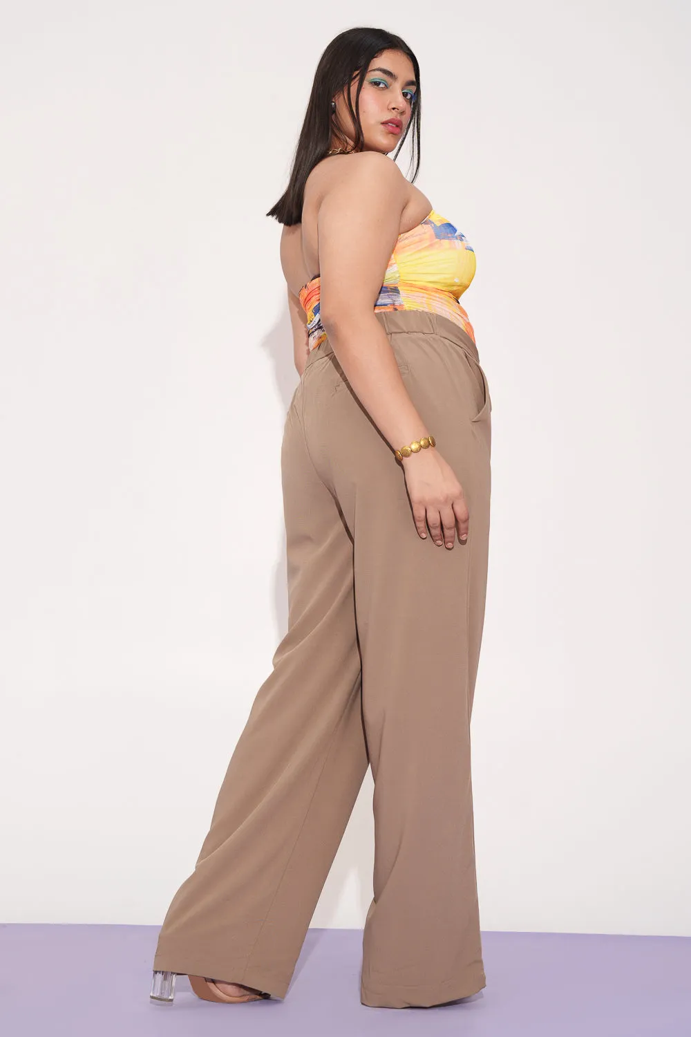 Tan Pleated Waistband Curve Korean Pants