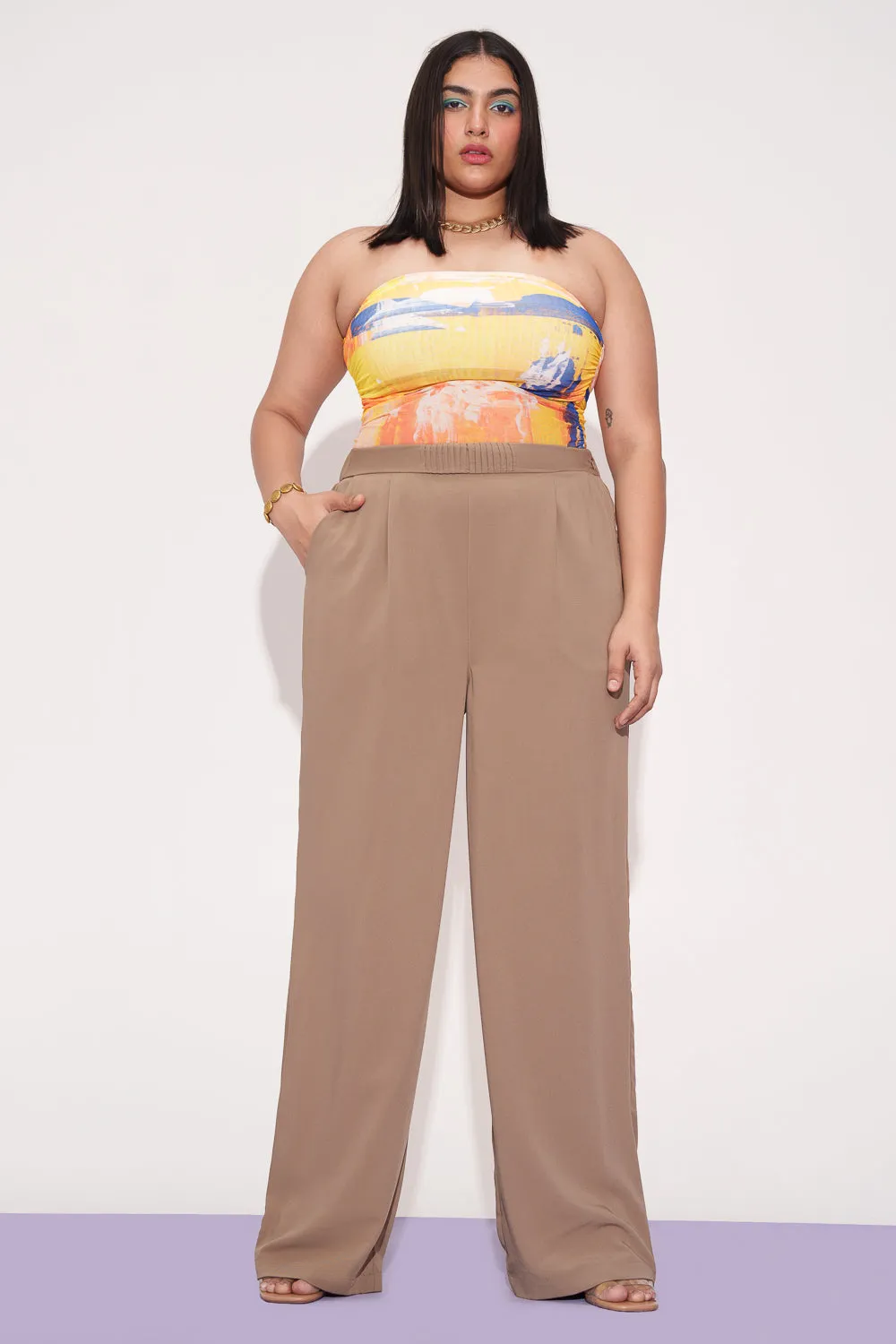 Tan Pleated Waistband Curve Korean Pants