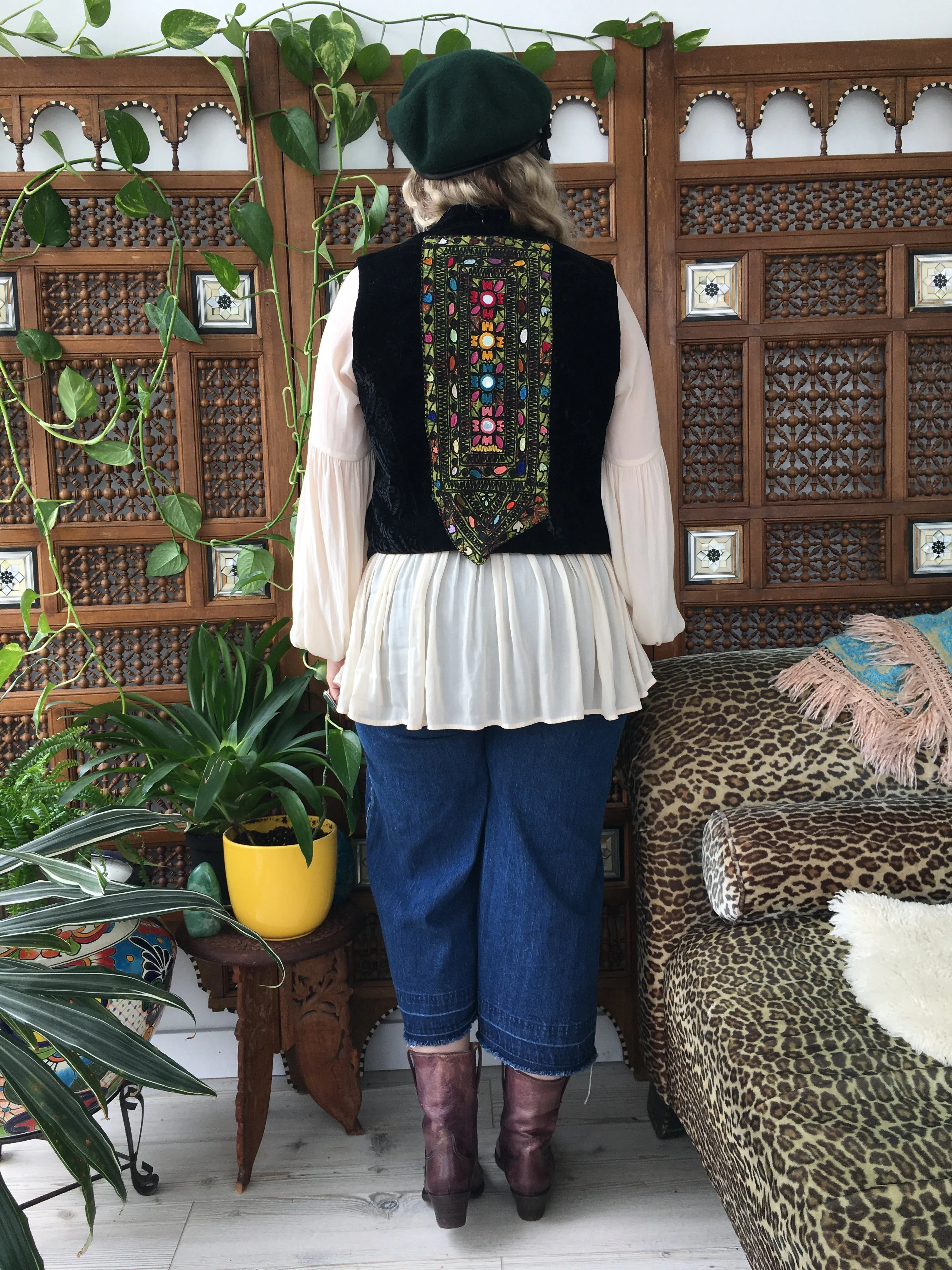 Up-Cycled One-of-a-Kind Black Velvety Paisley Vintage Banjara Textile Waistcoat