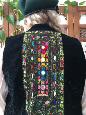 Up-Cycled One-of-a-Kind Black Velvety Paisley Vintage Banjara Textile Waistcoat