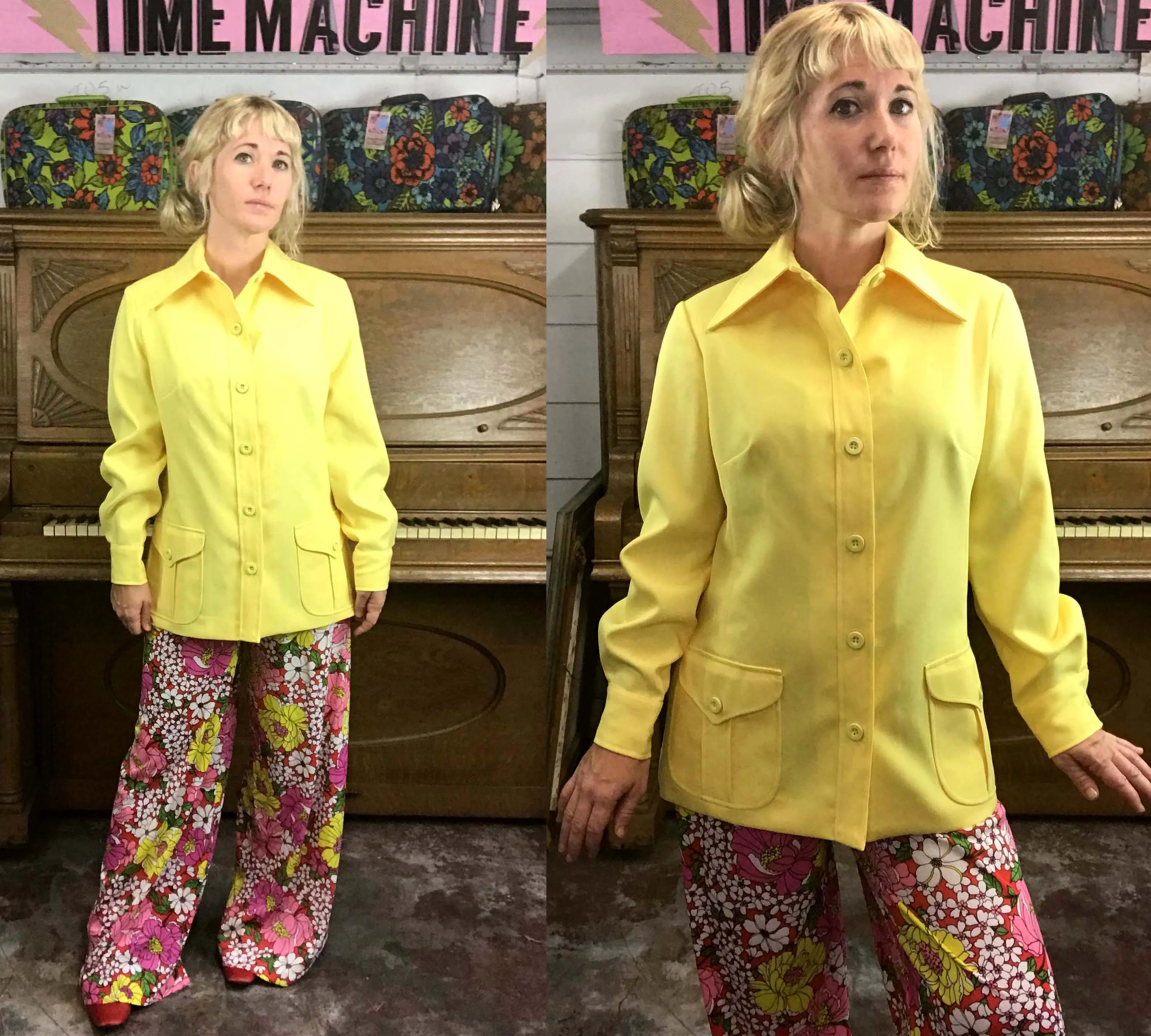 Vintage 70s | Yellow Groovy Big Collar Shirt Top Mod Boho Disco Blouse | Size L