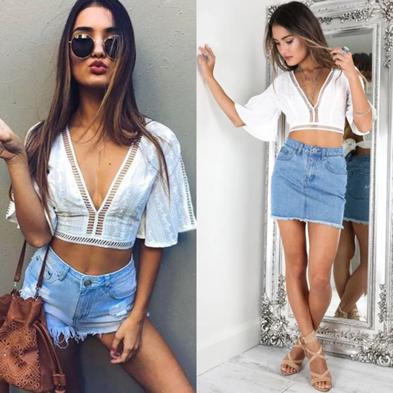 White Boho Midriff Blouse / Top