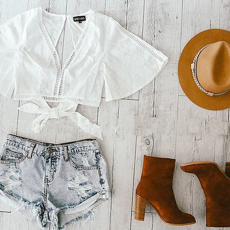 White Boho Midriff Blouse / Top