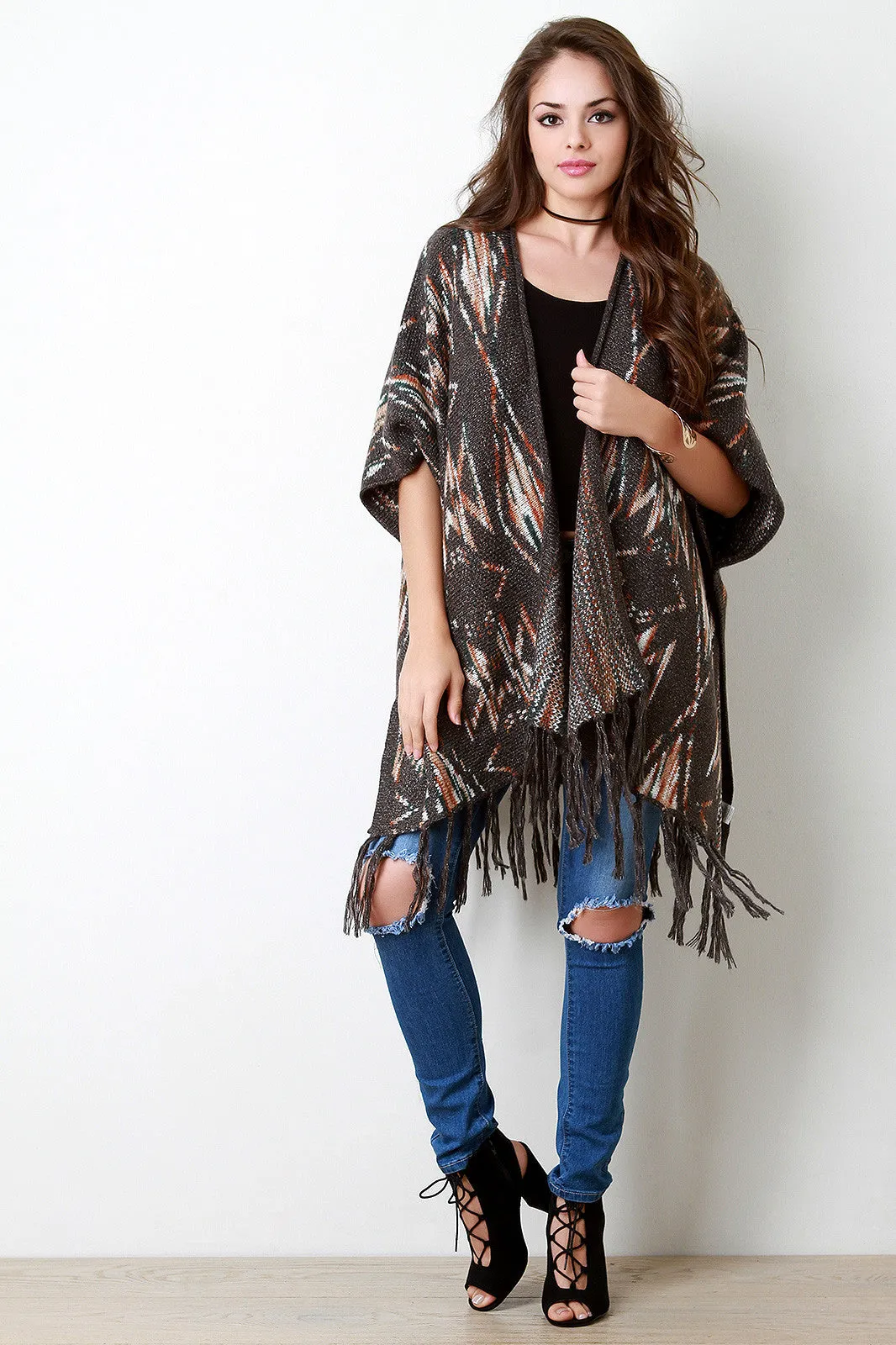 Wild West Tassel Fringed Hem Side Button Poncho