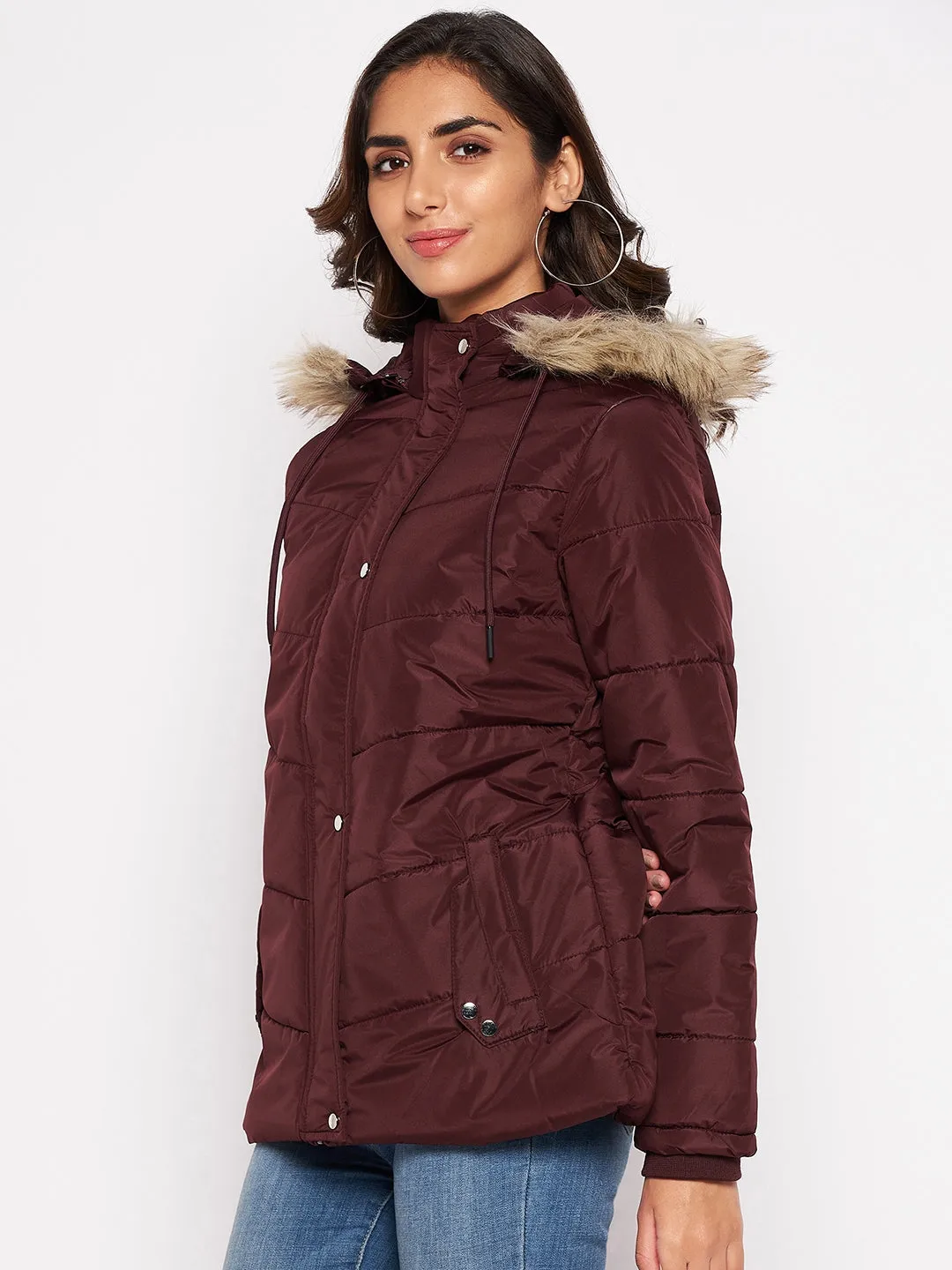 Women's Casual  Wine Quilted Detachable Hood with Faux Fur trim Jacket