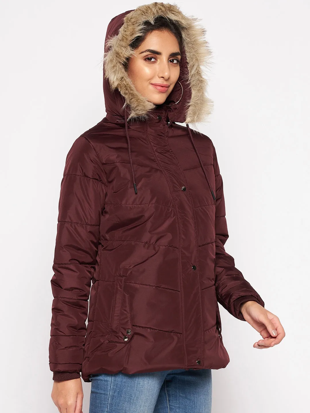 Women's Casual  Wine Quilted Detachable Hood with Faux Fur trim Jacket