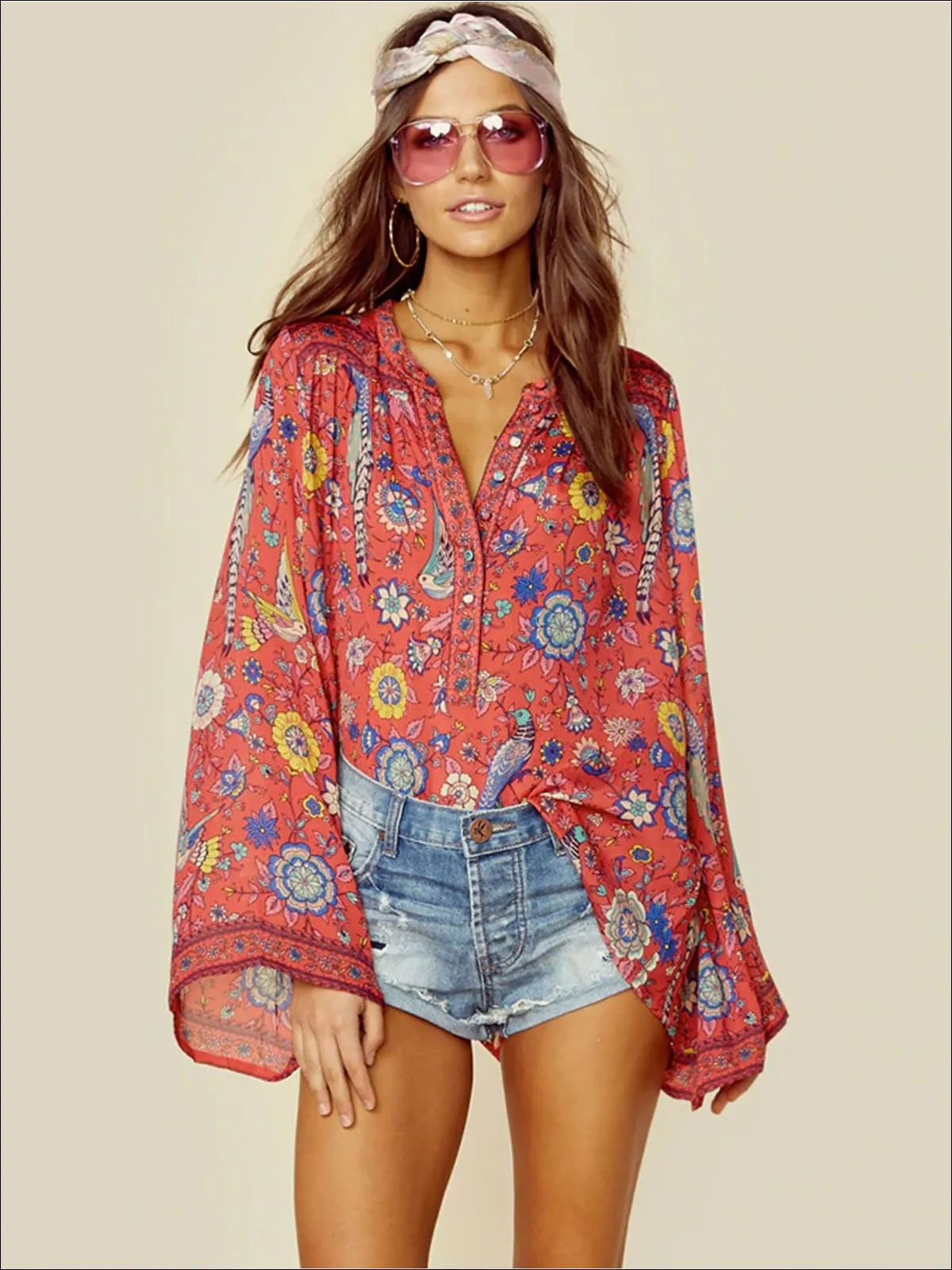 Women's Flare Long Sleeve Button Up Bohemian Blouse