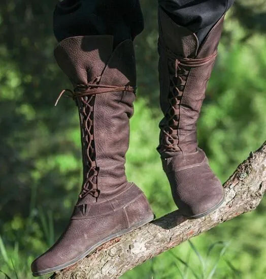 Women's knee high lace-up boots soft wide calf boots