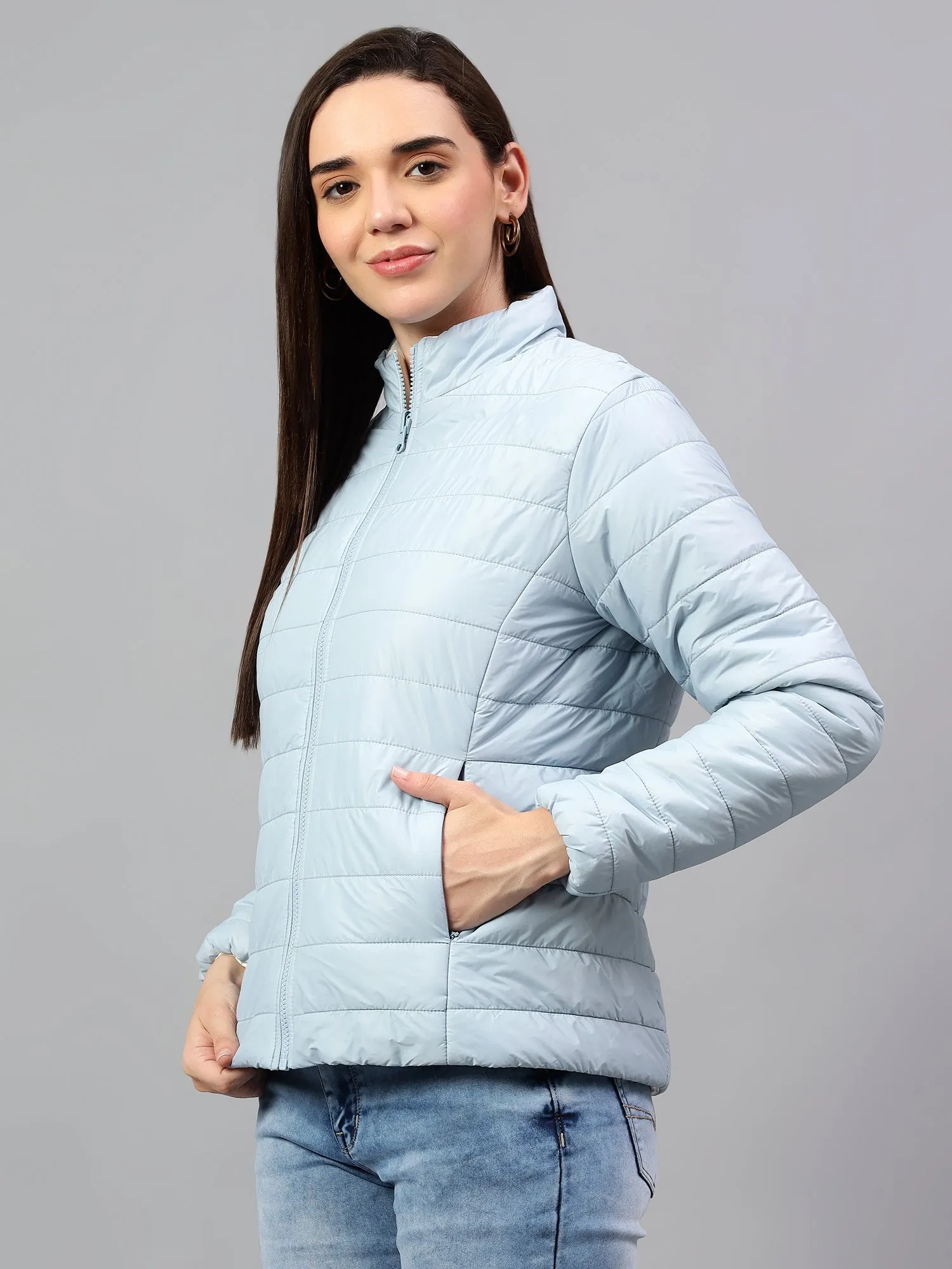 Women's Sky Blue and White Solid Reversible Winter Jacket