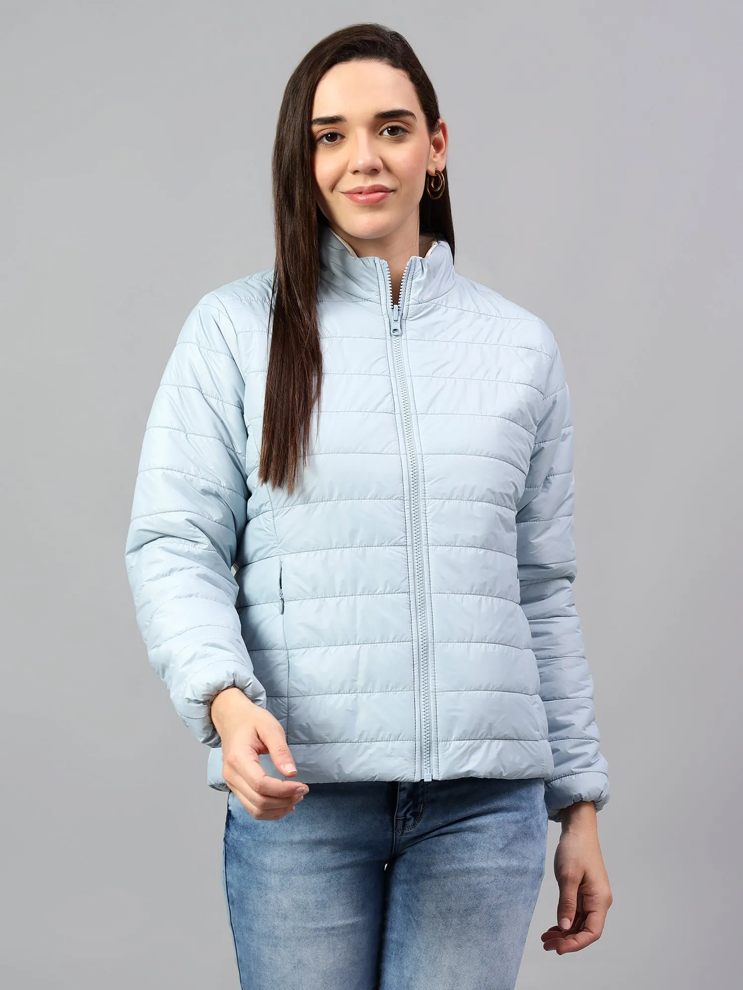 Women's Sky Blue and White Solid Reversible Winter Jacket