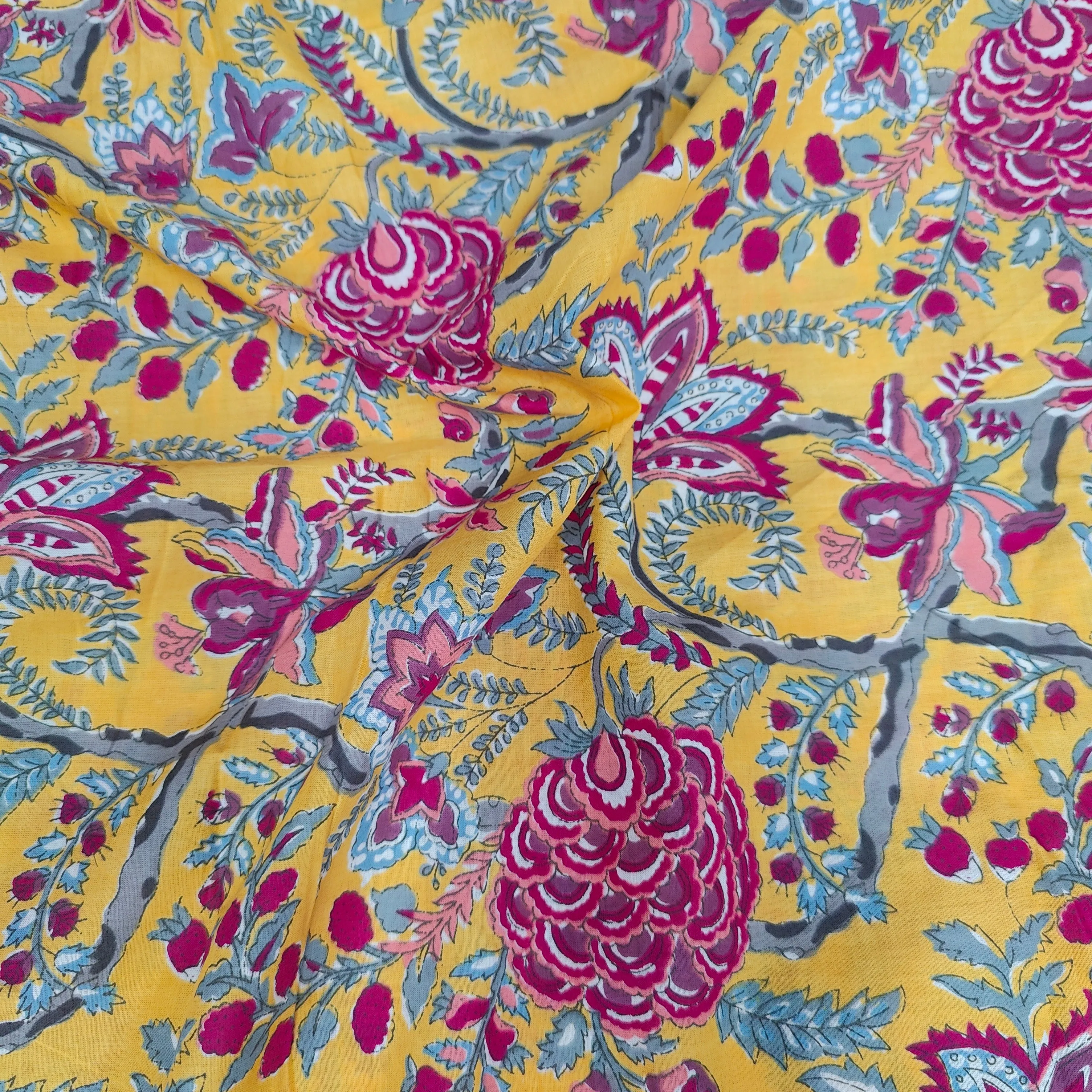 Yellow Rani floral cotton cambric width 44 inches- Fabric per meter